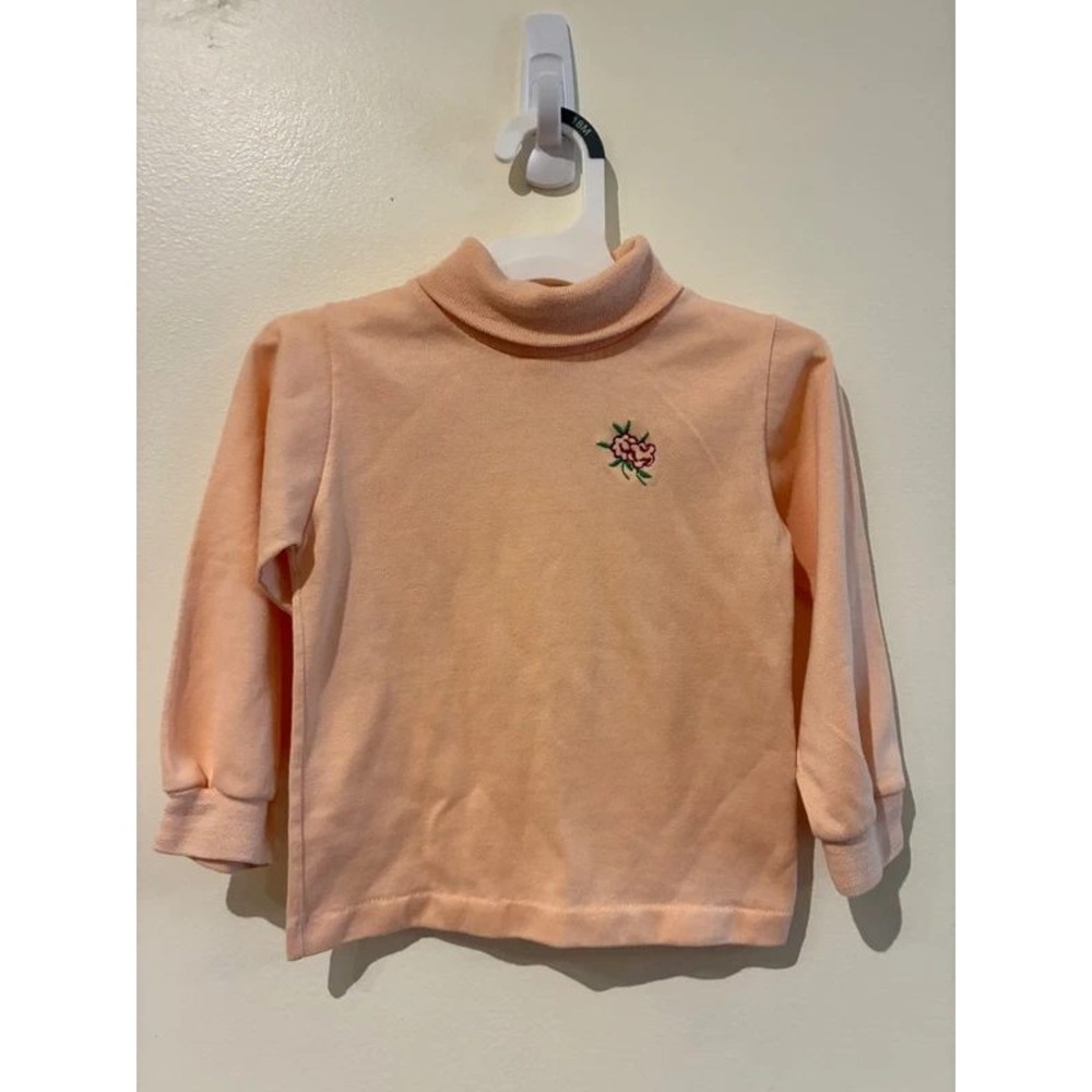 Vintage Health-tex Kids Peach Floral Embroidered Turtleneck Top Size 4 USA Made